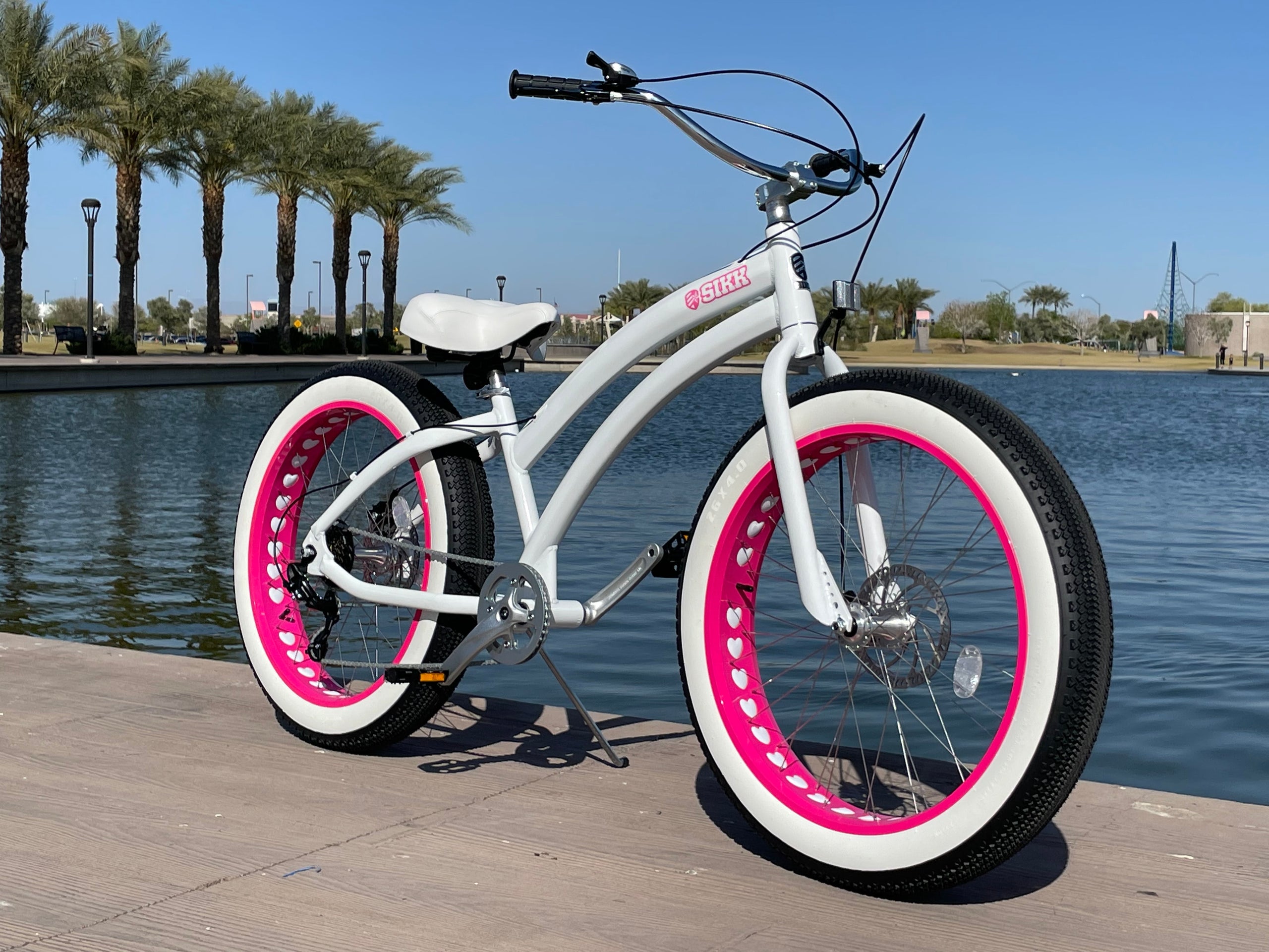 IN STOCK Sikk Ladies UFO 7 Speed SS Aluminum Frame White Frame Pink Heart Wheels Fat Tire Cruiser SIKK Bicycle Company