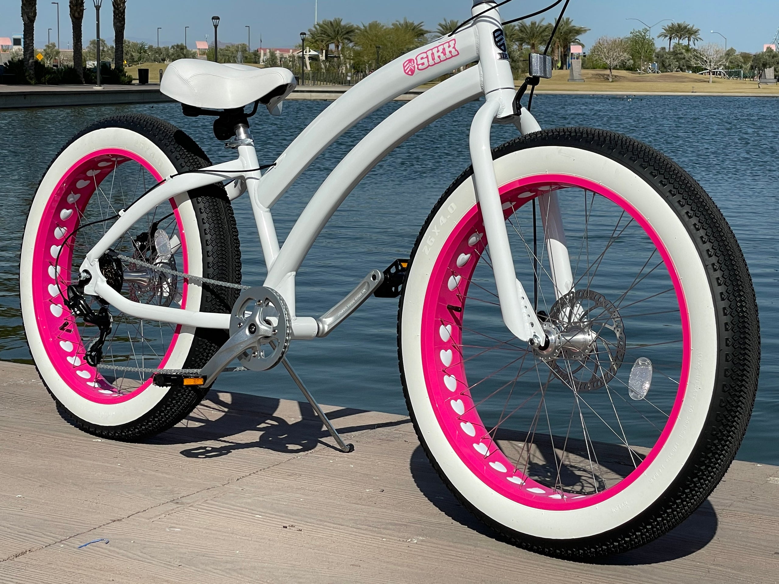 IN STOCK Sikk Ladies UFO 7 Speed SS Aluminum Frame White Frame Pink Heart Wheels Fat Tire Cruiser SIKK Bicycle Company